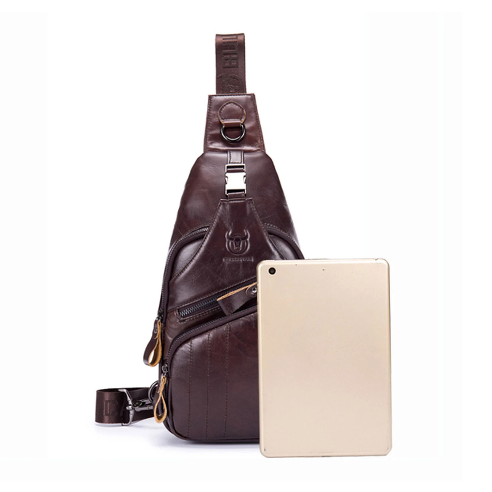 (image for) BULLCAPTAIN Men Multi-Pocket Leather Chest Bag Casual Sports Multifunctional Large Capacity Crossbody Shoulder Bag